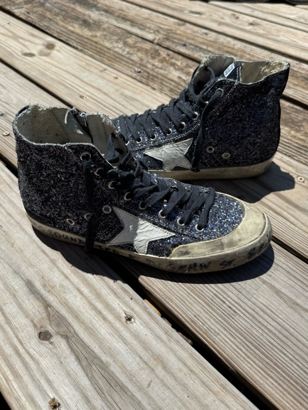Golden Goose Black Glitter Francy High-Top Sneakers with White Leather Star